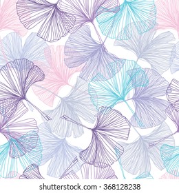 Gingko biloba seamless vector background pattern. Purple, pink, blue. Rose quartz and serenity background on white