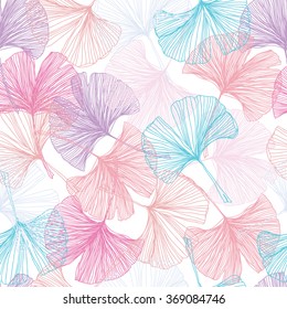 Gingko biloba seamless vector background pattern. Purple, pink, blue. Rose quartz and serenity background on white