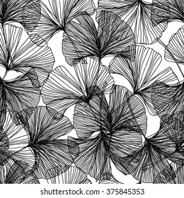 Gingko biloba seamless vector background pattern. Black and white colors. Hand drawn background on white