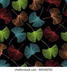 Gingko biloba seamless vector background pattern. Colorful leaves on black