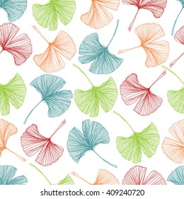 Gingko biloba seamless vector background pattern. Colorful leaves on white