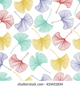 Gingko biloba seamless vector background pattern. Colorful leaves on white