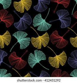 Gingko biloba seamless vector background pattern. Colorful leaves on black