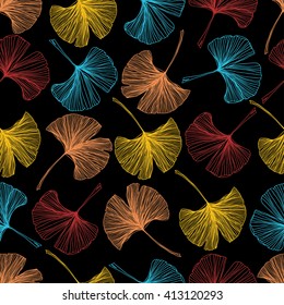 Gingko biloba seamless vector background pattern. Colorful leaves on black