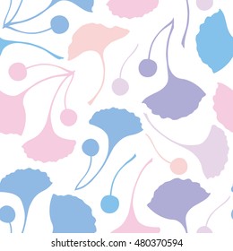 Gingko biloba seamless vector background pattern. Purple, pink, blue. Rose quartz and serenity background on white. Scandinavian style pattern 