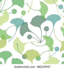 Gingko biloba seamless vector background pattern. Green colors. Hand drawn background on white. Scandinavian style pattern