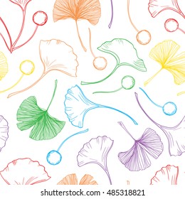 Gingko biloba seamless vector background pattern. Multicolors. Hand drawn background on white. Scandinavian style pattern
