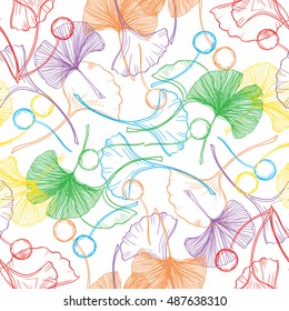 Gingko biloba seamless vector background pattern. Multicolors. Hand drawn background on white. Scandinavian style pattern