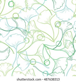 Gingko biloba seamless vector background pattern. Green colors. Hand drawn background on white. Scandinavian style pattern