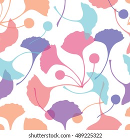 Gingko biloba seamless vector background pattern. Purple, pink, blue, orange background on white. Scandinavian style pattern