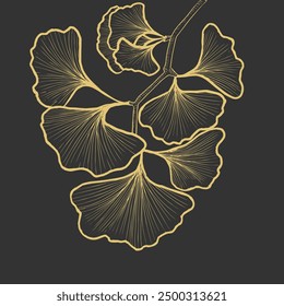 Gingko branch golden isolated, line art, sketch.