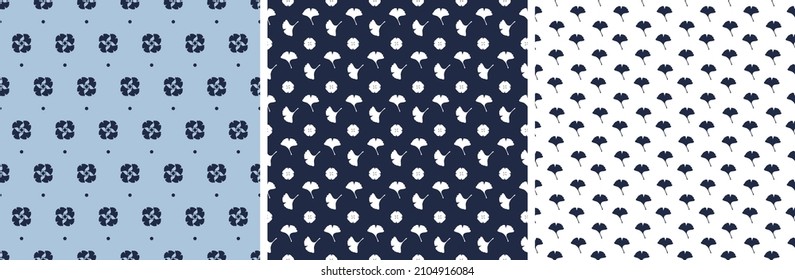 Gingko leaf and abstract shapes seamless repeat pattern.  Set of minimal all over prints in white and blue.