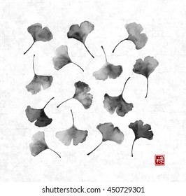 Gingko lässt sich auf Reispapier-Hintergrund setzen. Traditionelle japanische Tinte sumi-e. Enthält Hieroglyph - Wohlbefinden
