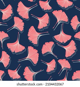 Gingko leaves outlines with silhouette shadows  seamless repeat pattern. Random placed, vector maidenhair tree plant all over surface print on dark blue background.