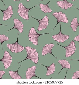 Gingko leaves seamless repeat pattern. Random placed, vector maidenhair tree plant all over surface print on sage green background.