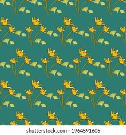 Gingko leaves and small buds in yellow and light green on dark green background. Designed in seamless repeat pattern, ready to be printed on fabric, wrapping paper, or beddings. 