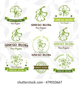 Ginkgo biloba. Badges and labels, emblems collection. Vector decorative isolated elements for package design.