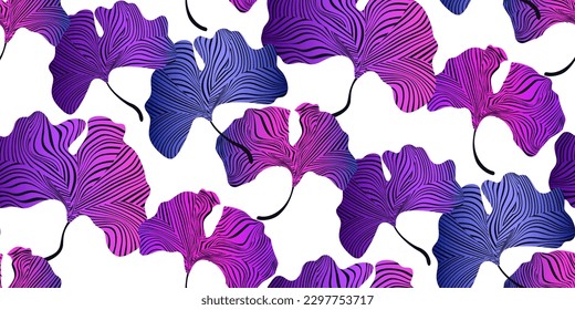 Ginkgo biloba blue pink lilac leaves seamless pattern in trendy style. Leaves of ginkgo bilboa on white. Design for luxury wall print, design on fabric, invitation, wrapping, wallpaper