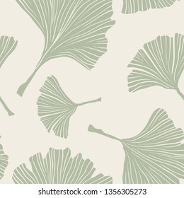 Ginkgo Biloba Botany Plant, Line art Pale Sage Colored Leaves on Ivory Background. Health Monochrome Pattern. Ayurvedic Medicine Theme. Vector Illustration for Wallpaper or Textile Design