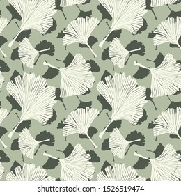 Ginkgo Biloba Botany Plant, Line art Pale Sage Colored Leaves on Ivory Background. Health Monochrome Pattern. Ayurvedic Medicine Theme. Vector Illustration for Wallpaper or Textile Design