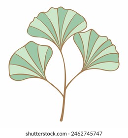 Ginkgo biloba branch with leaves mint green and gold color. Minimalist Style. For design of logo, invitation, posters, postcard, prints on t-Shirts.