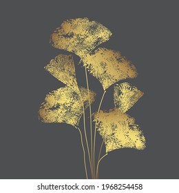 Ginkgo Biloba branch  leaves vector illustration. Isolated Japanese foliage. Autumn grunge hand painted sketch. Herbal background for health, medicine, spa, wallpaper design.