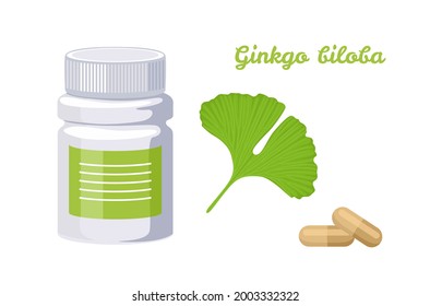 Ginkgo biloba capsules isolated on white background. Vector bottle of pills and green leaf. Cartoon flat illustration of dietary supplements. Superfood.