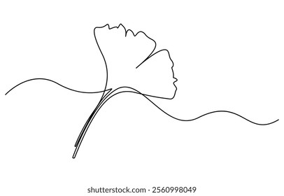 Ginkgo biloba Continuous one line drawing. Abstract botany minimalist poster, Ginkgo flower continuous single line drawing vector illustration, Ginkgo Leaf Continuous Line Drawing 