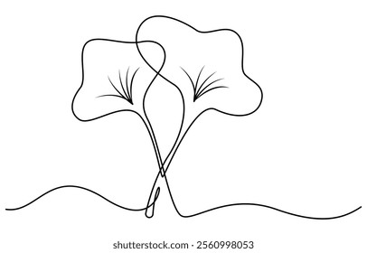 Ginkgo biloba Continuous one line drawing. Abstract botany minimalist poster, Ginkgo flower continuous single line drawing vector illustration, Ginkgo Leaf Continuous Line Drawing 