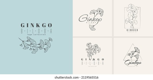 Ginkgo biloba floral logo and branch set. Hand drawn line wedding herb, elegant leaves for invitation save the date card. Botanical