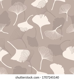 Ginkgo biloba flowers seamless pattern of thin and flat icons shapes in beige and brown colors. Herbal medicine pastel plant wallpaper illustration. Chinese hand-drawn leaves texture. 