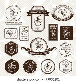 Ginkgo biloba. Labels and badges set. Vector decorative isolated elements for package design. Monochrome version