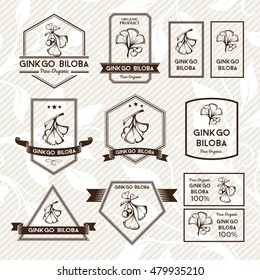 Ginkgo biloba. Labels collection. Vector decorative isolated elements for package design. Monochrome version