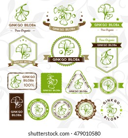 Ginkgo biloba. Labels, stamps and badges collection. Vector decorative isolated elements for package design.