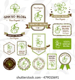 Ginkgo biloba.  Labels, stamps and stickers set. Vector decorative isolated elements for package design.