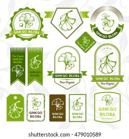 Ginkgo biloba. Labels, stickers and badges collection. Vector decorative isolated elements for package design.