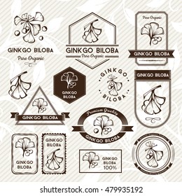 Ginkgo biloba. Labels and stickers collection. Vector decorative isolated elements for package design. Monochrome version