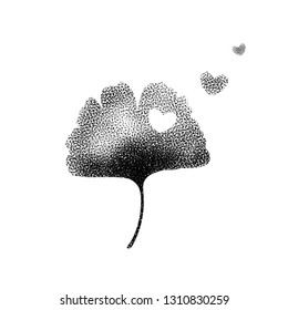 Ginkgo biloba leaf black on white Valentines background with heart, trend dotty design contemporary pointillism tattoo halftone style. Vector concept contemporary design.