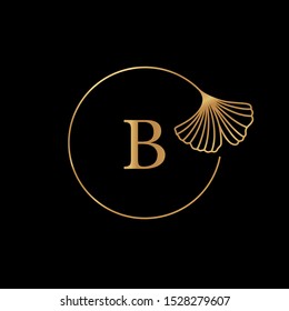 Ginkgo Biloba Leaf gold frame with copy space. Badge and icon in trendy linear style. Vector Logo Emblem with letter B and gingko. Template for packing Cosmetics, Medicines, organic food