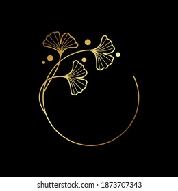 Ginkgo Biloba Leaf gold frame badge, logo template design vector