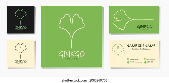 Ginkgo biloba leaf logotype. Set with business cards templates in natural green colors. Best for web, logo creation and branding design. Organic cosmetics or other nature product concept.