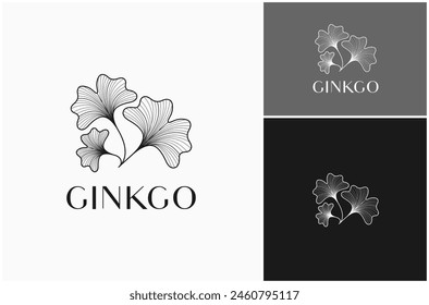 Ginkgo Biloba Leaf Plant Floral Blossom Line Art Hand Drawn Vector Logo Design Illustration