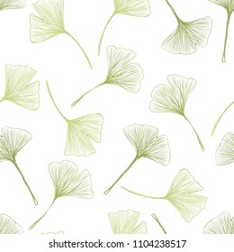 Ginkgo biloba leaf seamless pattern. Botanical vector hand drawn texture.