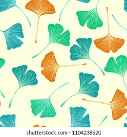 Ginkgo biloba leaf seamless pattern. Botanical vector hand drawn texture.