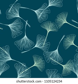 Ginkgo biloba leaf seamless pattern. Botanical vector hand drawn texture.