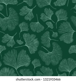 Ginkgo biloba leaf tablecloth seamless pattern. Silhouette of ginkgo leaves on dark background. Nature design