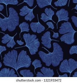 Ginkgo biloba leaf tablecloth seamless pattern. Silhouette of ginkgo leaves on dark blue background. Nature design