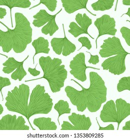 Ginkgo biloba leaf tablecloth seamless pattern. Silhouettes of ginkgo leaves on white background. Nature design