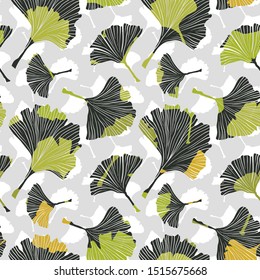 Ginkgo biloba leaf tablecloth seamless pattern. Silhouette of ginkgo leaves with white veinlets. Isolated vector illustration. Nature design.