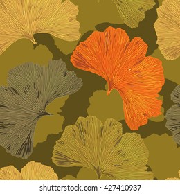 Ginkgo biloba leaf tablecloth seamless pattern. Silhouette of ginkgo leaves with dark veinlets. Isolated vector illustration. Nature design